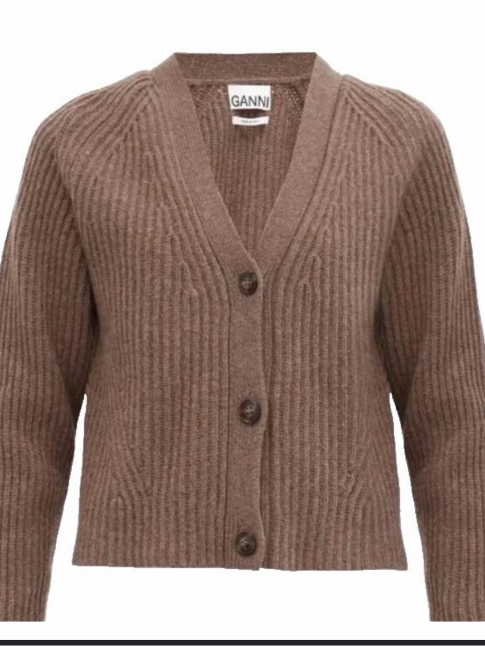 Ganni Brown Ribbed V-Neck Button Cardigan
